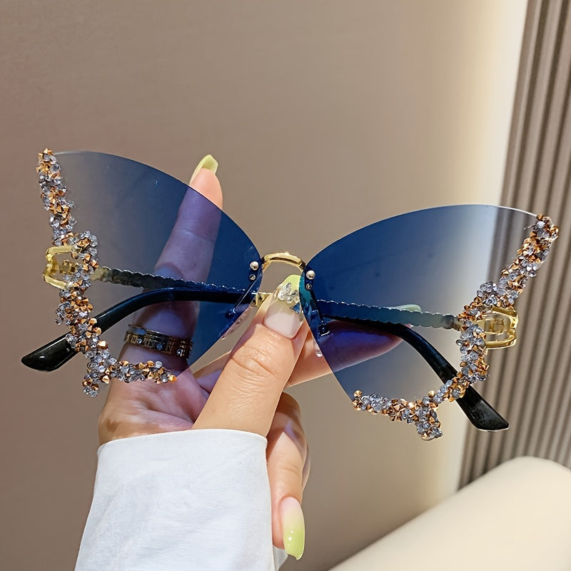 Rimless Butterfly Glasses For Women, Bling Rhinestone, Gradient Decorative Shades, Lightweight Silicone Nose Rest, Curved Leg Design, Costume Party Prom Fashion Accessories