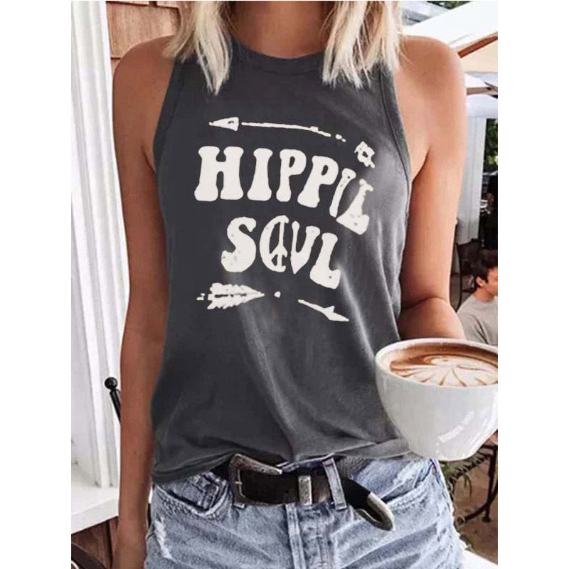 New Summer Print Sleeveless Vest Casual Pullover T-Shirt Women