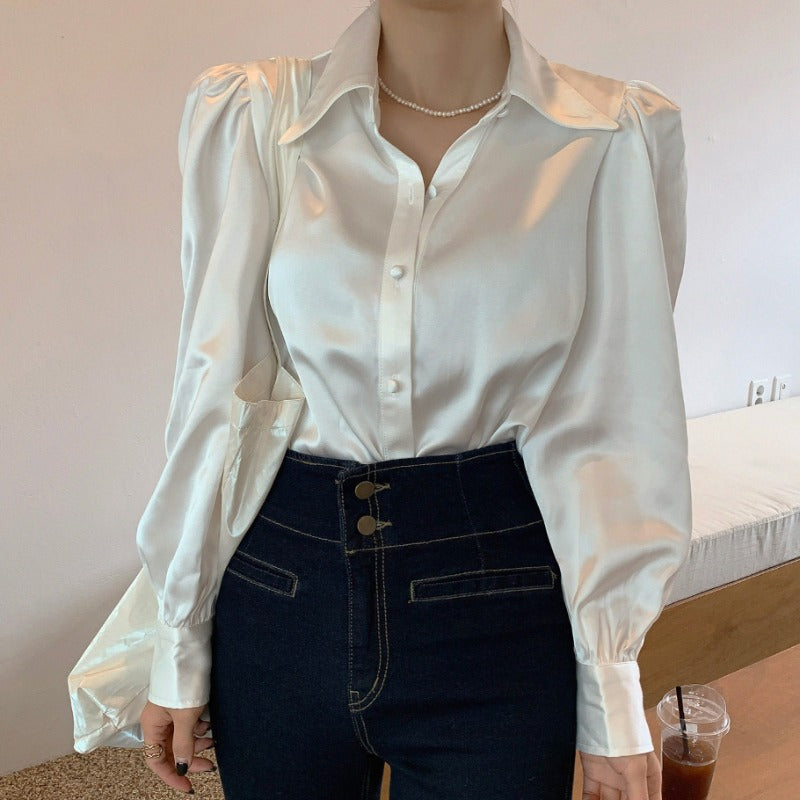 Puff Sleeve Lapel Loose All-match Shirt Blouse Women