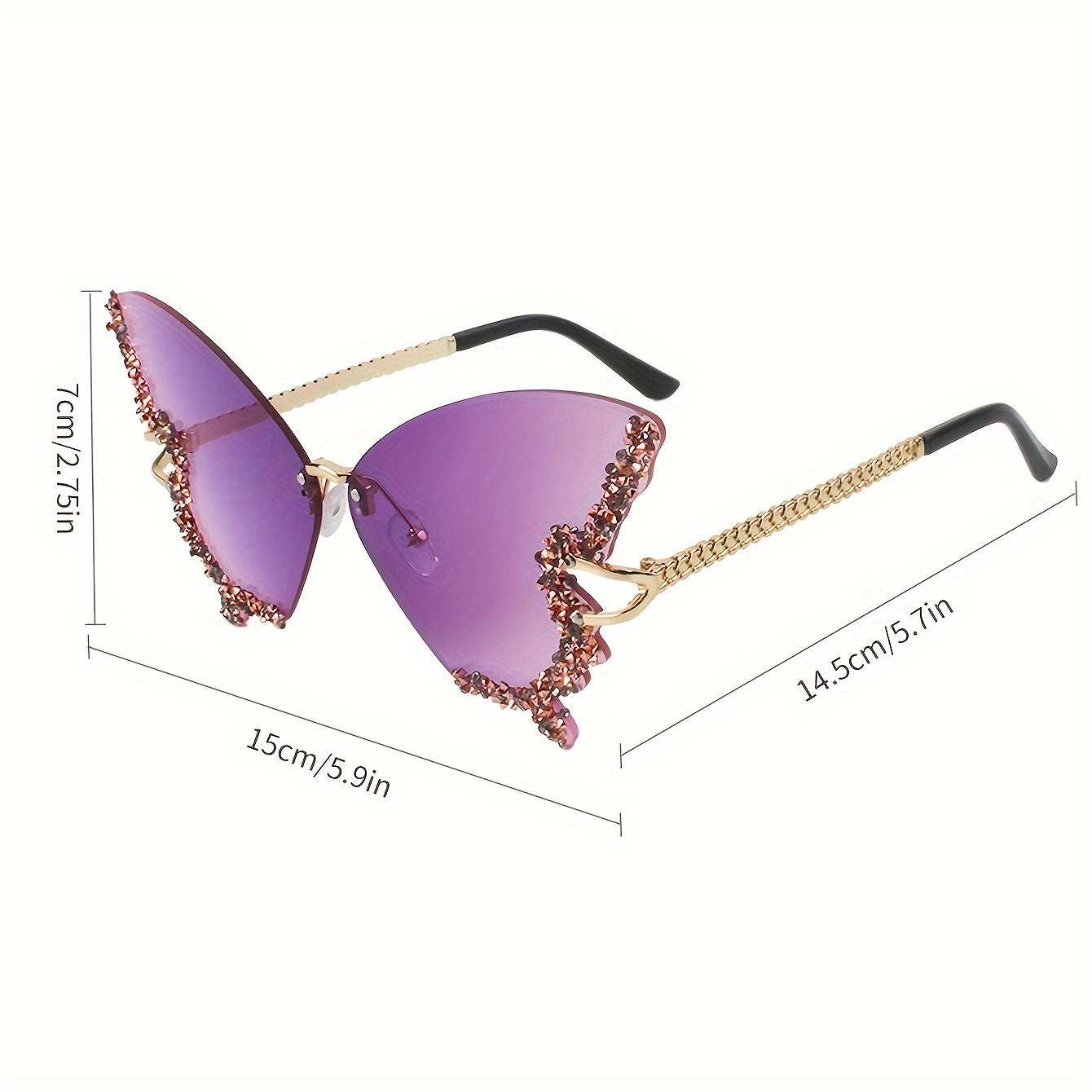 Rimless Butterfly Glasses For Women, Bling Rhinestone, Gradient Decorative Shades, Lightweight Silicone Nose Rest, Curved Leg Design, Costume Party Prom Fashion Accessories