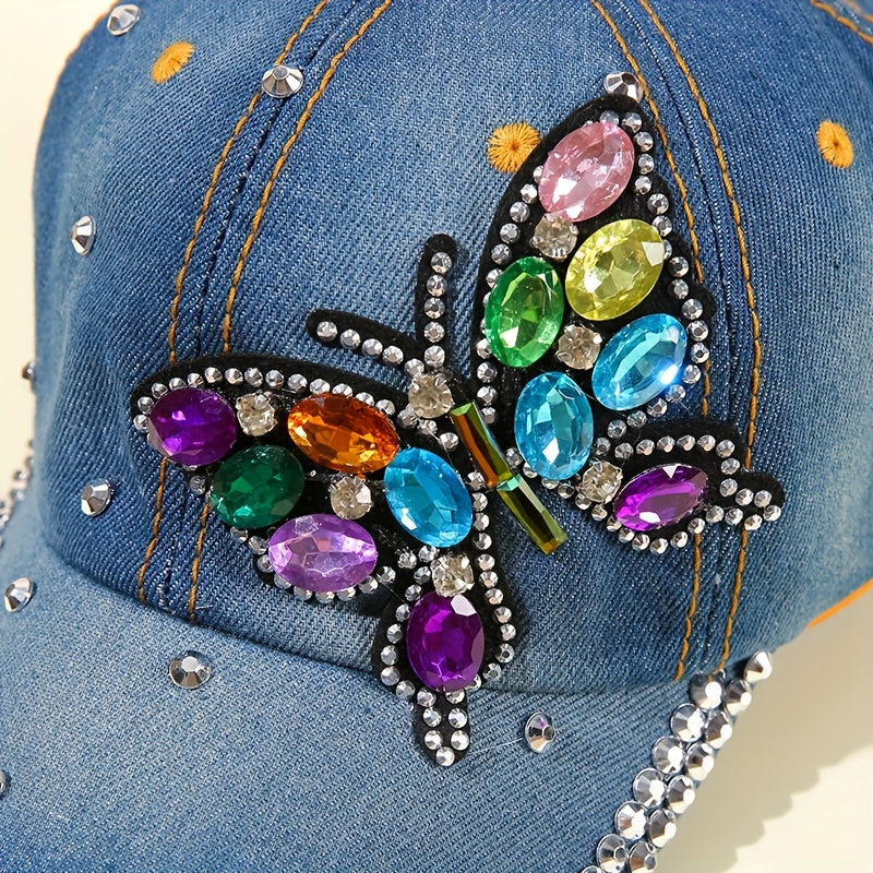 Dazzling Butterfly Rhinestone Baseball Cap - Womens UV Protection Denim Trucker Hat - Soft Washed, Fashionable for Outdoor Adventures & Music Festivals