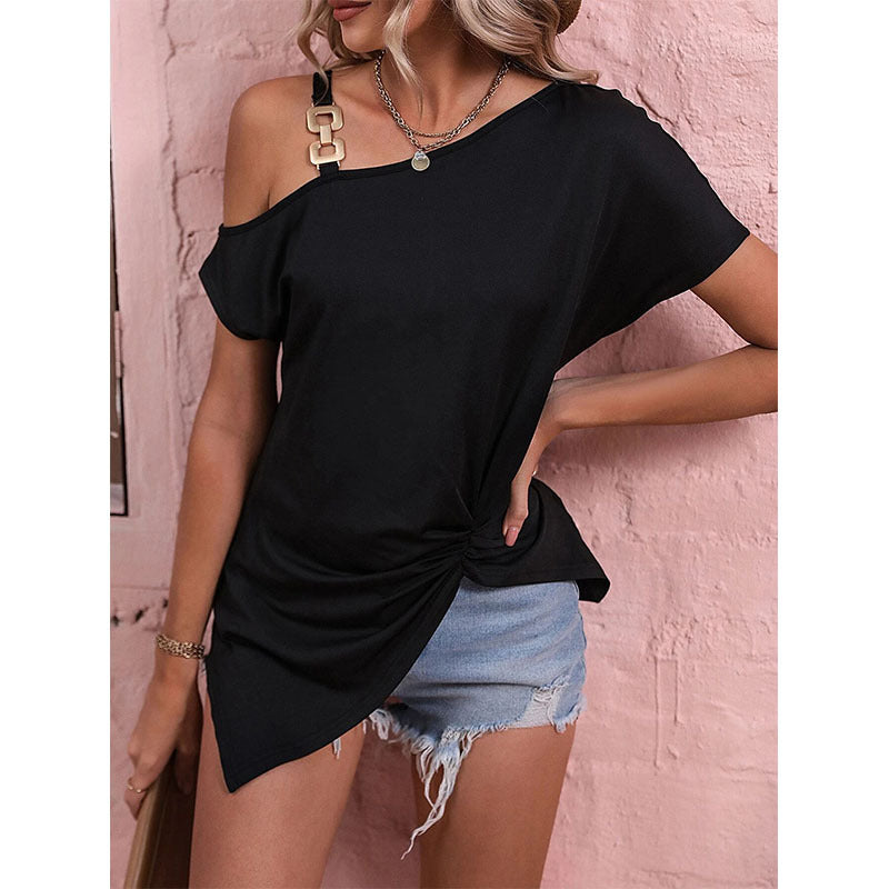 Summer Shoulder Buckle Short Sleeve T-shirt Top