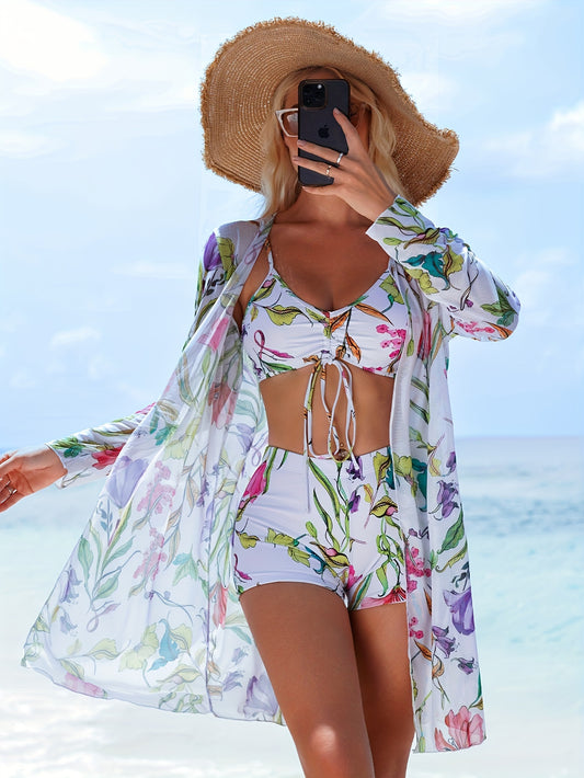 3-Piece Chic Geometric Bikini Set with V-Neck & Boxer Short Bottoms - Includes Long Sleeve Cover-Up Shirt, Perfect for Beachwear and Valentine's Day