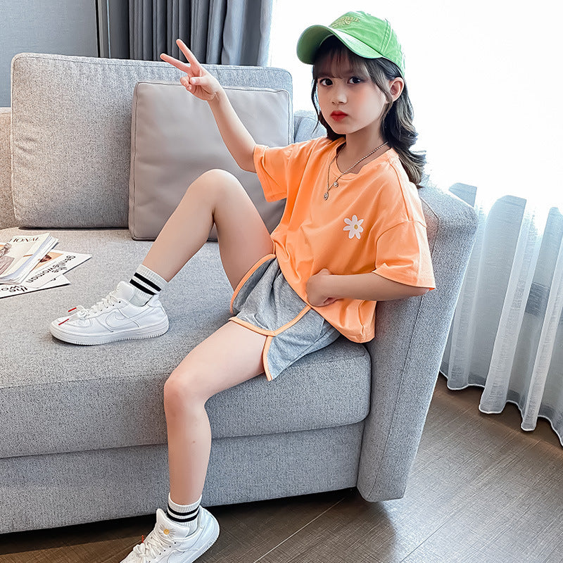 Girls' Back Chrysanthemum Suit Children's Clothing Fashion Western Style Korean Sports Short Sleeve Two-piece Suit