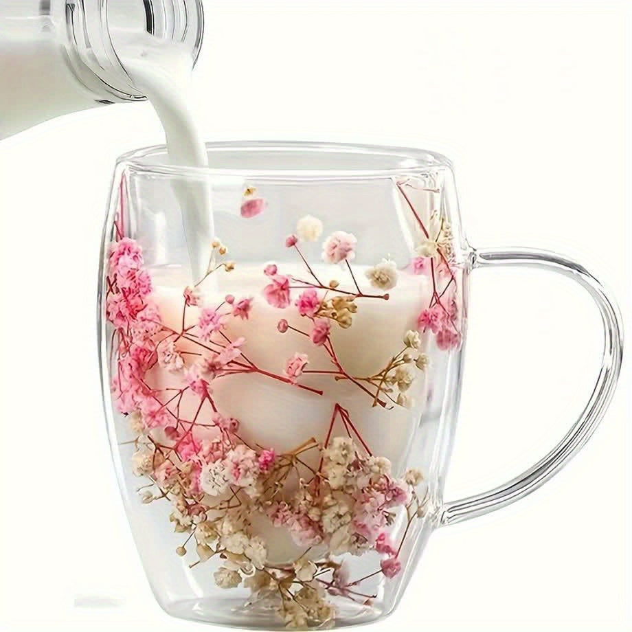 2-4-6pcs 11.830z Double-walled Glass Coffee Cup, with Dried Flowers, Insulation, Can be Repeatedly Used for Espresso, Iced Coffee and Juice - Hand Washing Only, for Return School