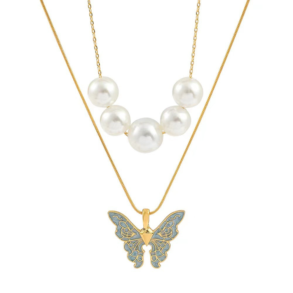 Butterfly Necklace Pearl Double Strand