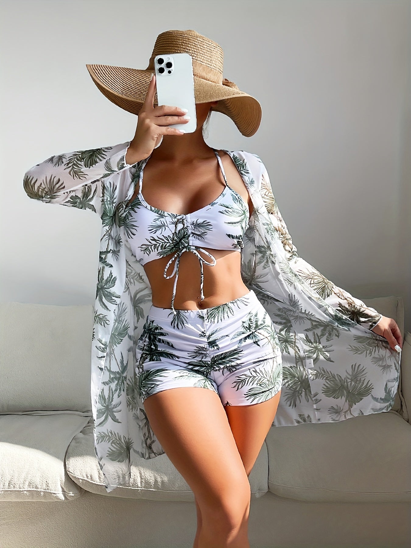 3-Piece Chic Geometric Bikini Set with V-Neck & Boxer Short Bottoms - Includes Long Sleeve Cover-Up Shirt, Perfect for Beachwear and Valentine's Day