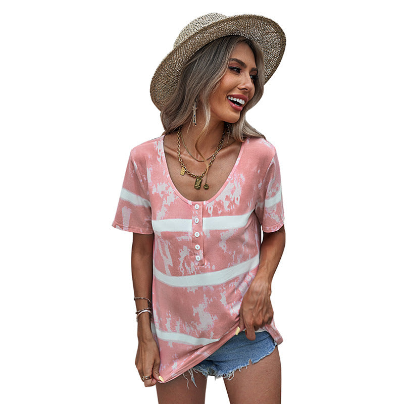 Women's Fashion Striped Short-sleeved T-shirt Tie-dye Top