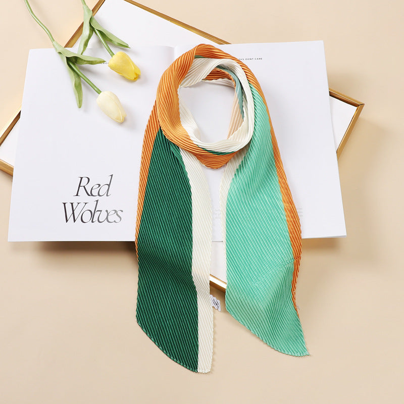 Color Blocking Small Ribbon Scarf Women's Pleated Hair Band