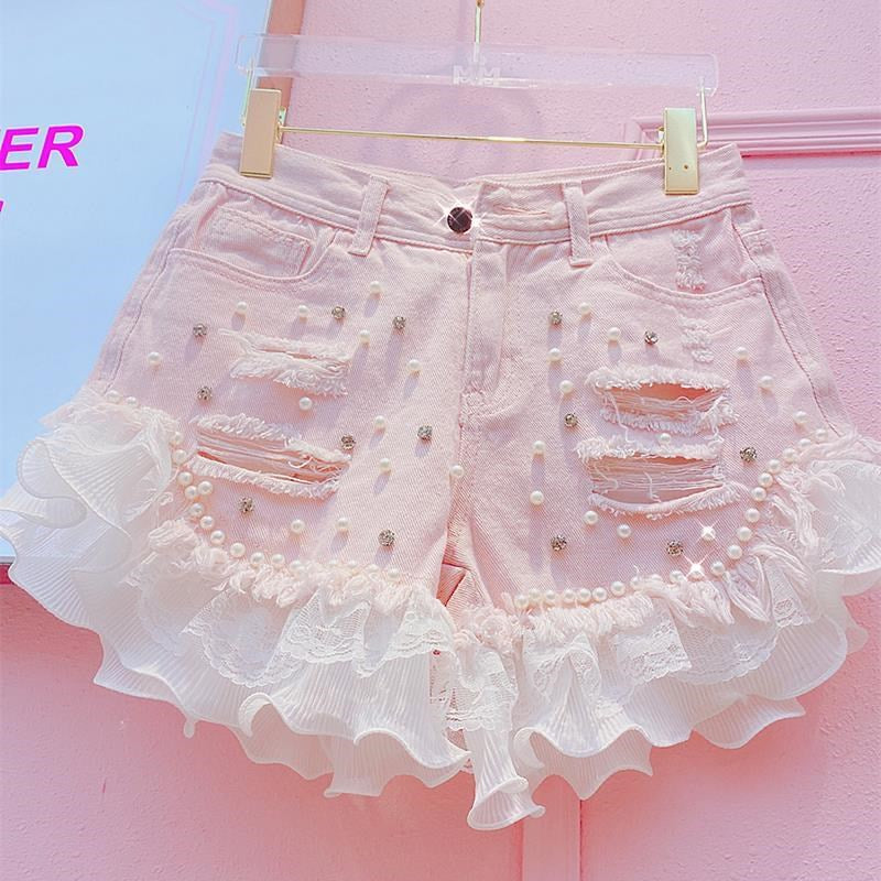 Lace Chiffon Wide-leg Shorts Ripped Jeans