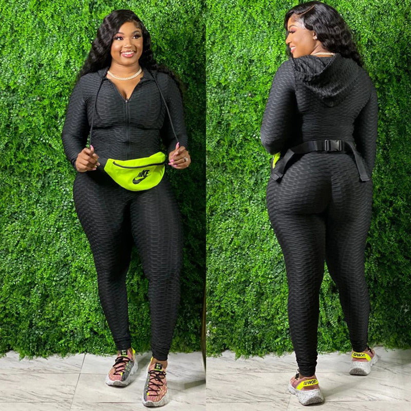 Solid Color Fat Women Plus Size Two Piece Set Sport Suitt