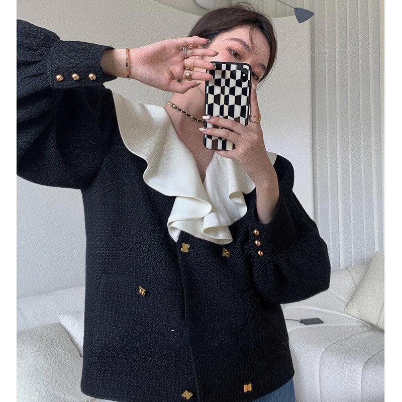 New Autumn And Winter Gold Buckle Tweed Jacket Women