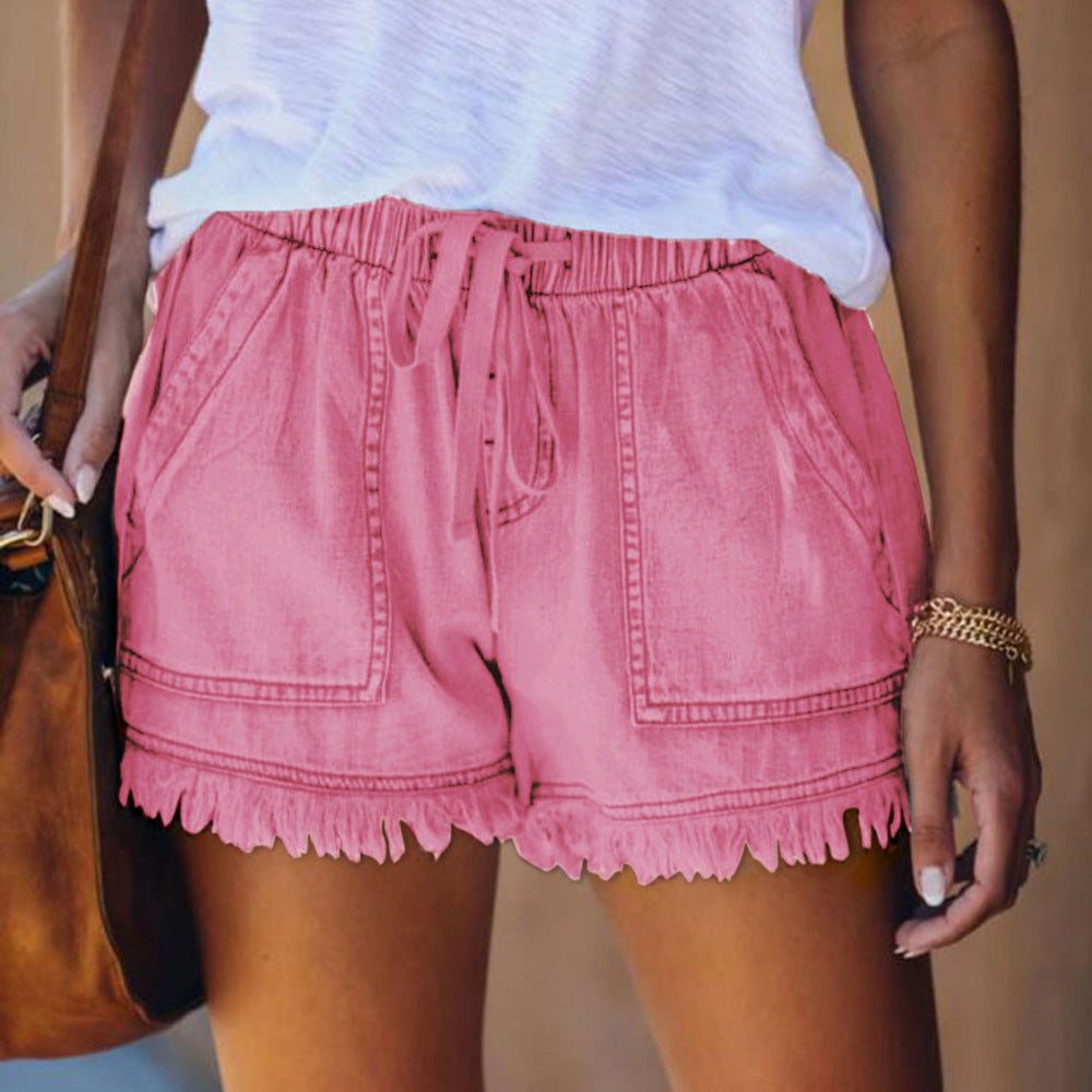 Fringed elastic loose jeans shorts