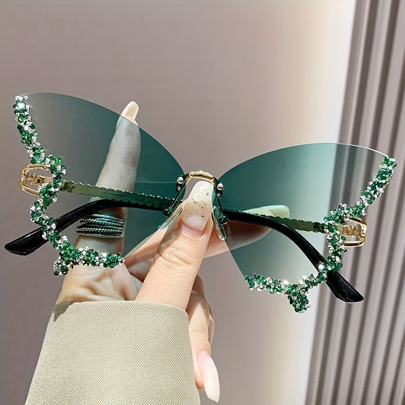 Rimless Butterfly Glasses For Women, Bling Rhinestone, Gradient Decorative Shades, Lightweight Silicone Nose Rest, Curved Leg Design, Costume Party Prom Fashion Accessories