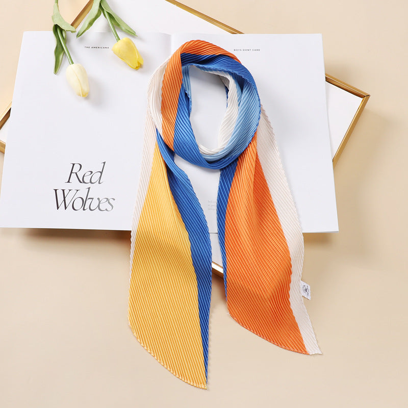 Color Blocking Small Ribbon Scarf Women's Pleated Hair Band