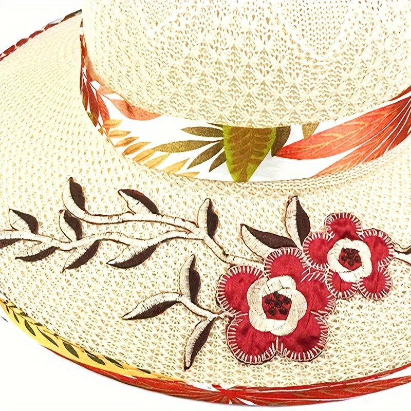 1pc Satin Print Streamer Decorative Sun Hat Personalized Flower Embroidered Wide Brim Hat Summer Stylish Sunshade Beach Hats For Women