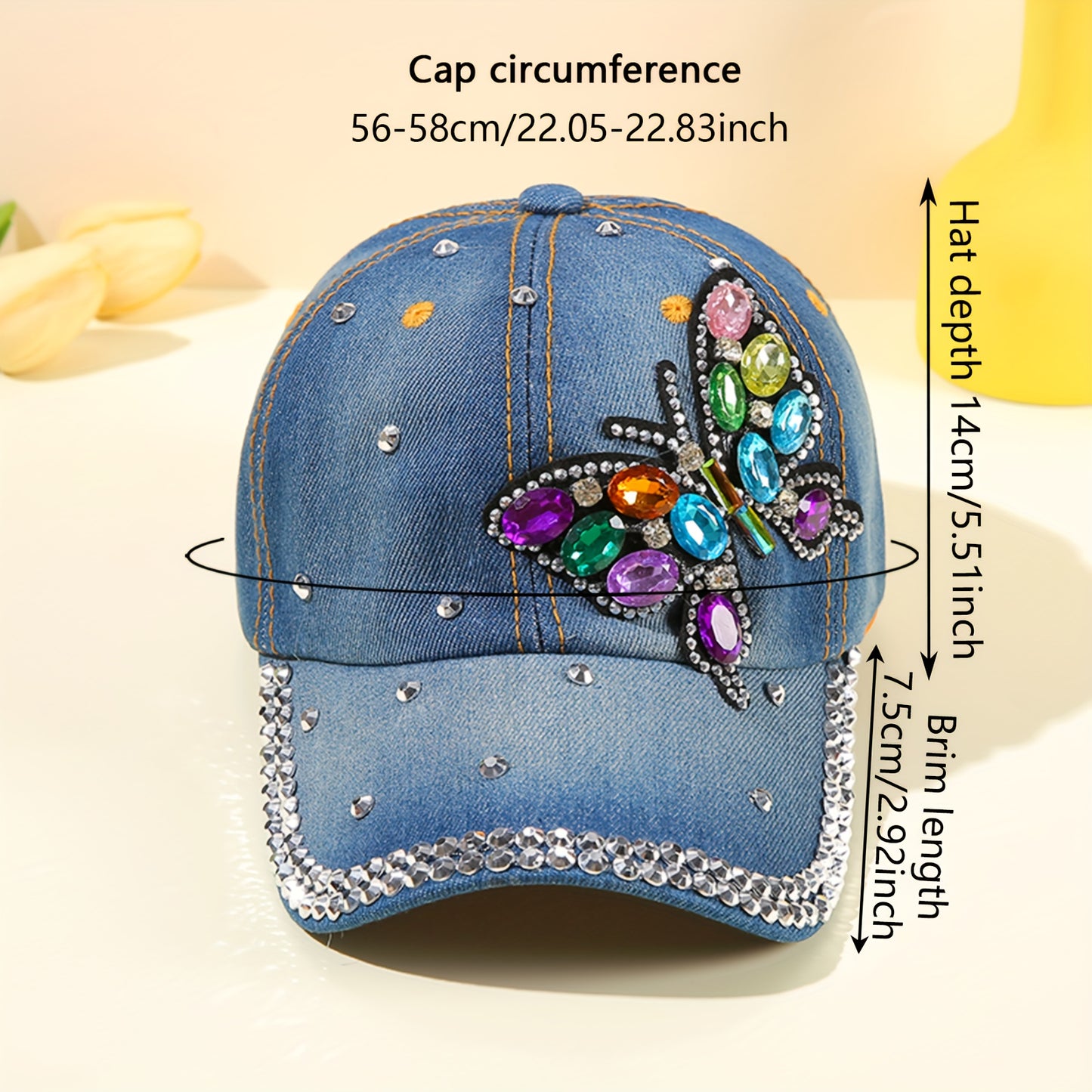 Dazzling Butterfly Rhinestone Baseball Cap - Womens UV Protection Denim Trucker Hat - Soft Washed, Fashionable for Outdoor Adventures & Music Festivals