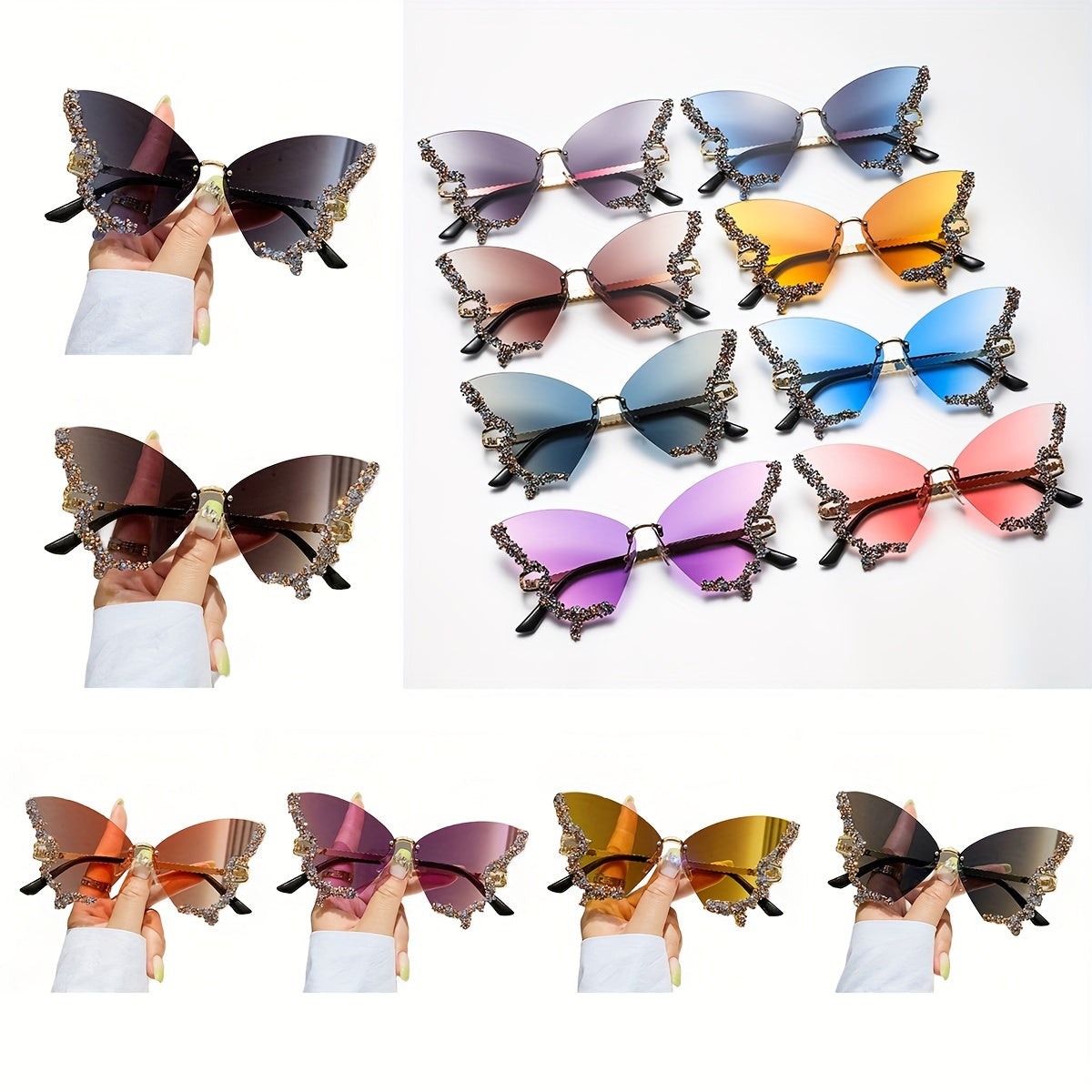 Women's Butterfly Glasses With Rhinestones, Fashionable Tinted Lenses, Lightweight Frame, Comfortable Nose Rest, Outdoor Trendy Accessories For Travel & Daily Use