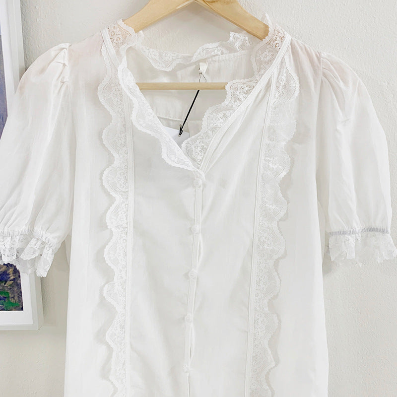 Lace Lace V-neck Short-sleeved White Shirt Woman