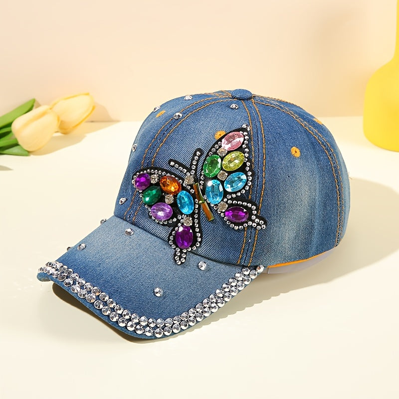 Dazzling Butterfly Rhinestone Baseball Cap - Womens UV Protection Denim Trucker Hat - Soft Washed, Fashionable for Outdoor Adventures & Music Festivals