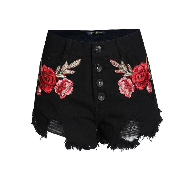 Embroidered loose beard jeans women shorts