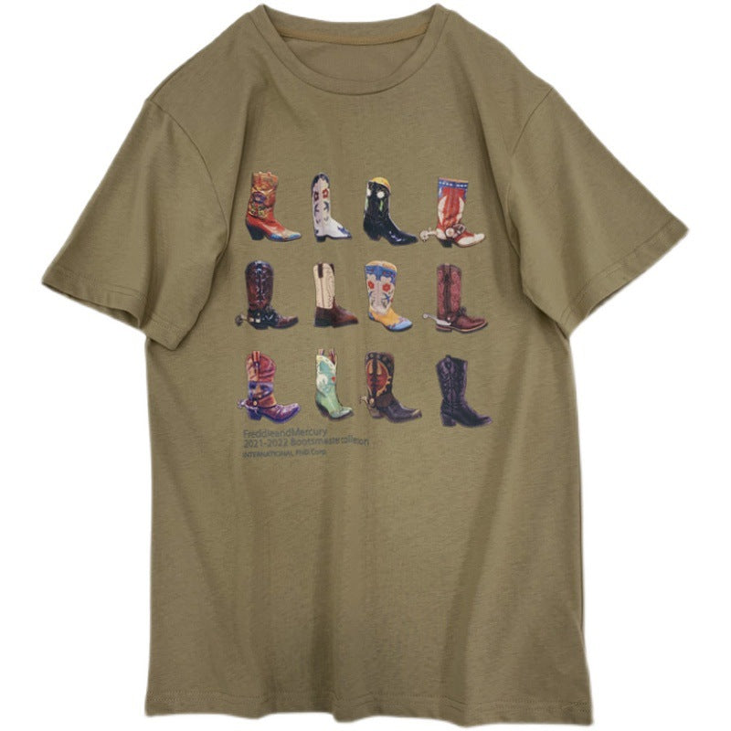 Boot Print T-shirt Women Summer Pure Cotton