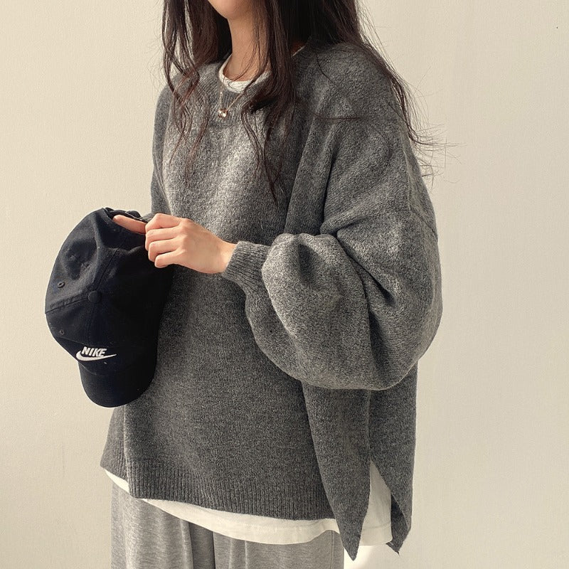 Crewneck Pullover Lantern Sleeve Loose Sweater Woman