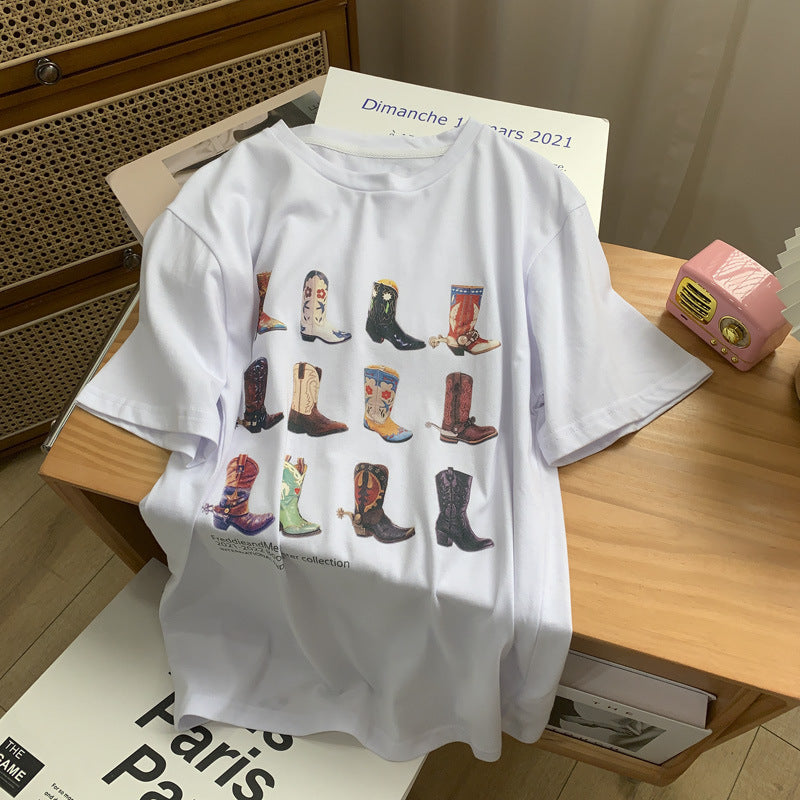 Boot Print T-shirt Women Summer Pure Cotton