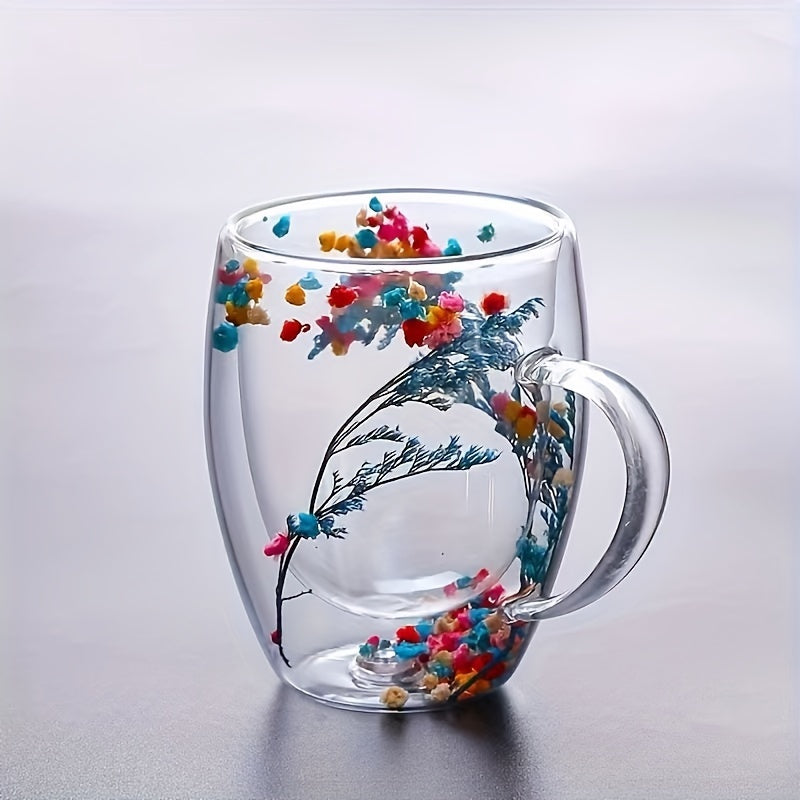 2-4-6pcs 11.830z Double-walled Glass Coffee Cup, with Dried Flowers, Insulation, Can be Repeatedly Used for Espresso, Iced Coffee and Juice - Hand Washing Only, for Return School