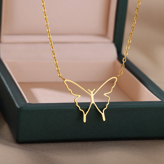 Women's Fashionable Elegant Stainless Steel Hollow Butterfly Wings Pendant Necklace