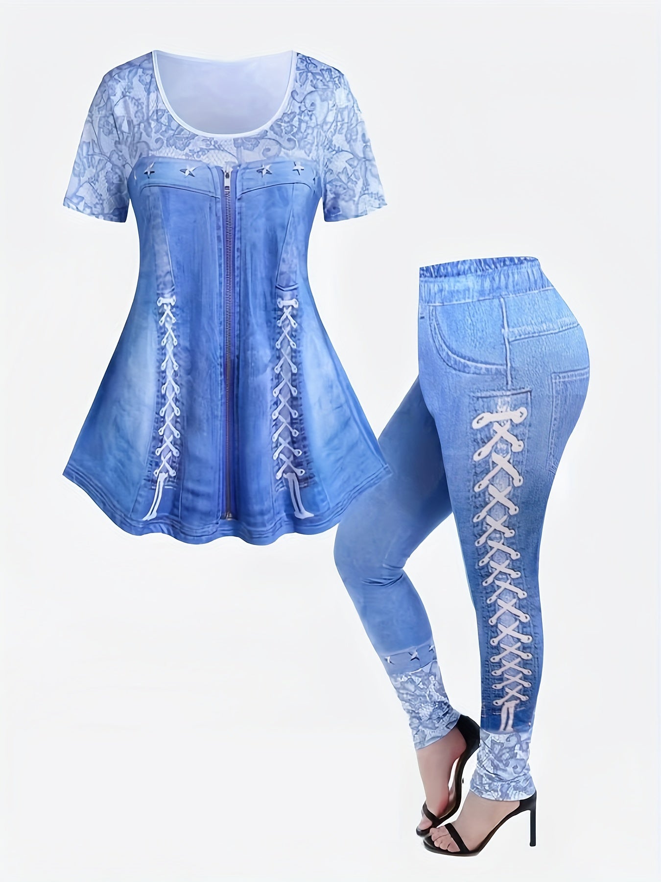 Two-Piece Denim Print Set - Casual Crew Neck Top & High Waist Skinny Pants Outfit with Micro Elasticity, Polyester Fabric, and Random Western Print - Perfect for All Seasons