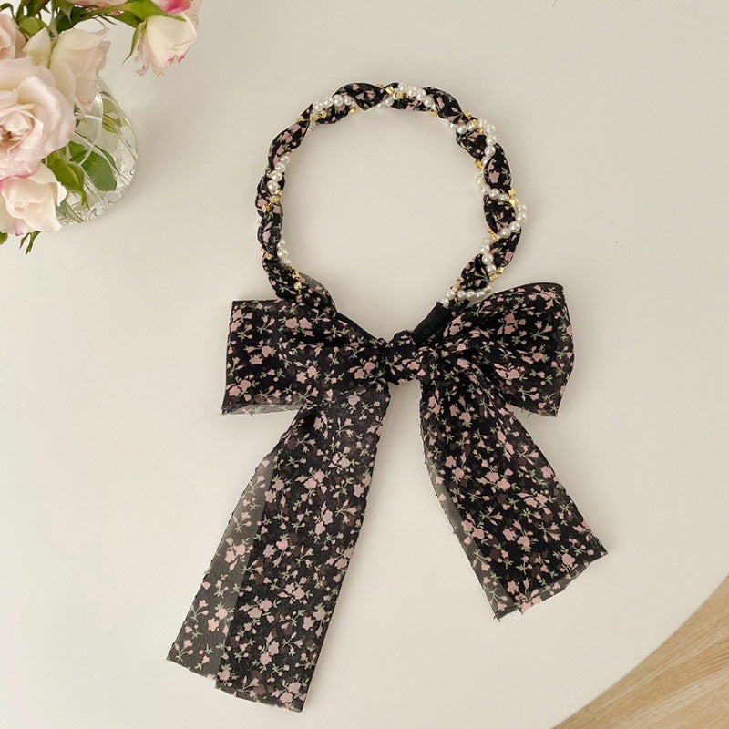 Women's Fashion Pearl Floral Ribbon Hair Band