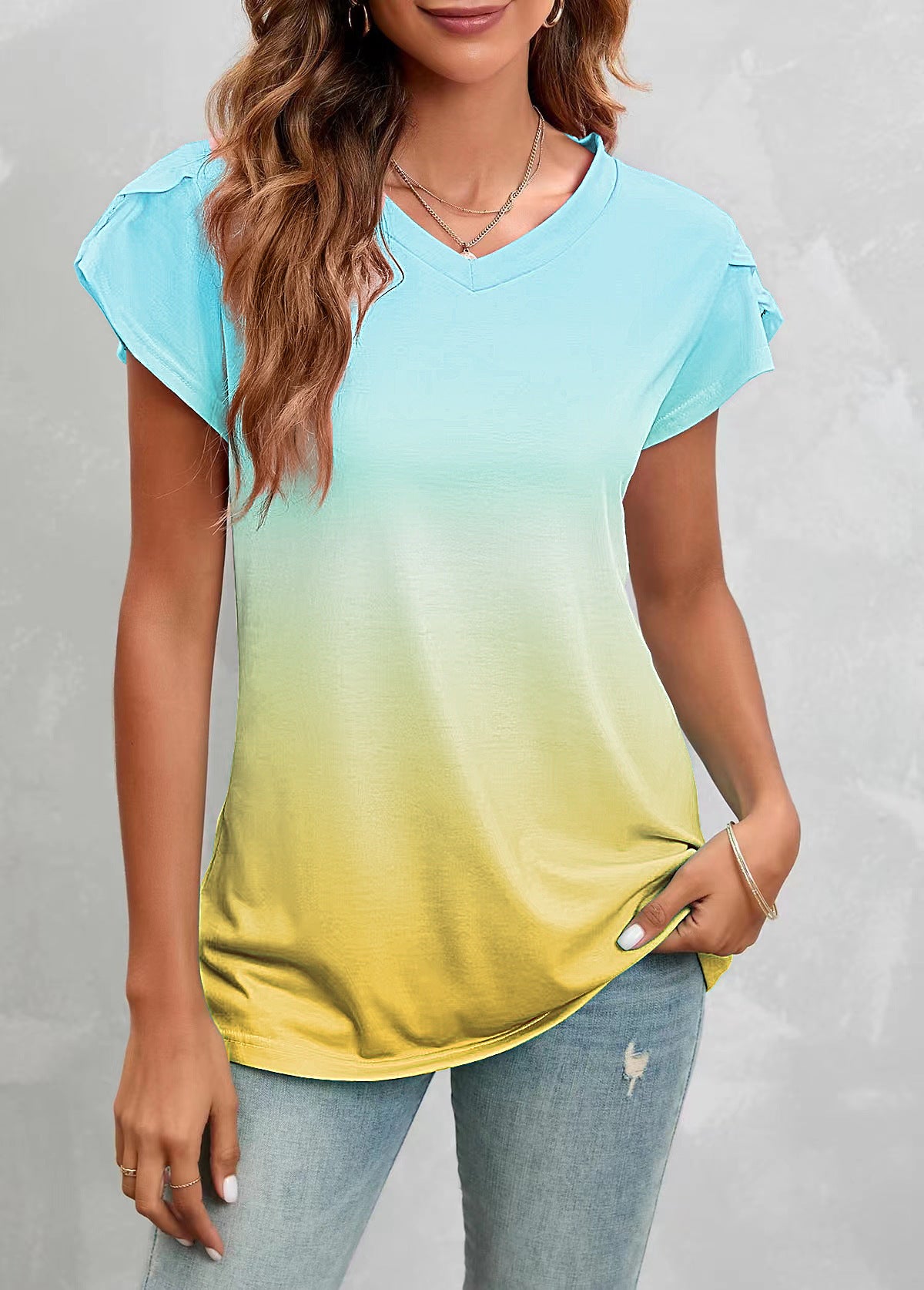 Women's Fashion Loose Tie-dyed Pullover V-neck Short Sleeve