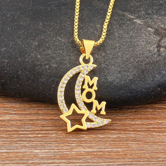 Nidin Light Luxury Star Moon Mom/Love Letters Pendant Necklace Shiny Zircon Initial Chain Neck Jewelry Gift For Mothers Day Gift