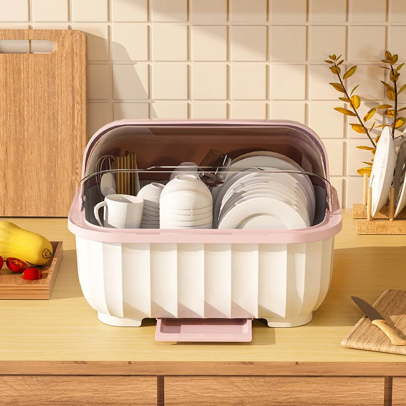 Dish Drying Rack Kitchen Utensils Drainer Rack with Folding Cover Cupboard Countertop Dinnerware Organizer Kitchen Storage Rack