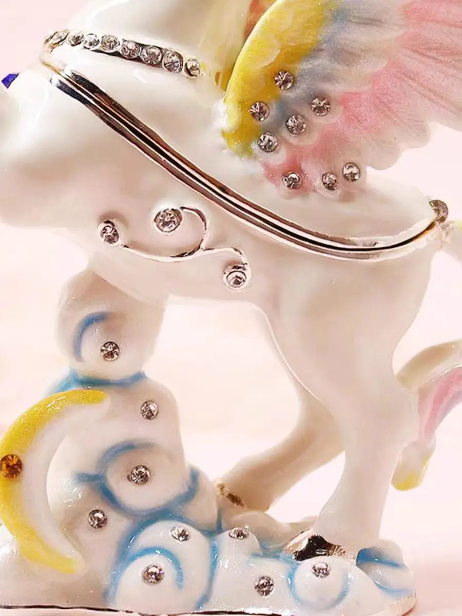 Hand Painted Enameled Jeweled Angel Horse Unicorn Figurines Trinket Box Ring Holder Hinged Jewelry Collectible Craft