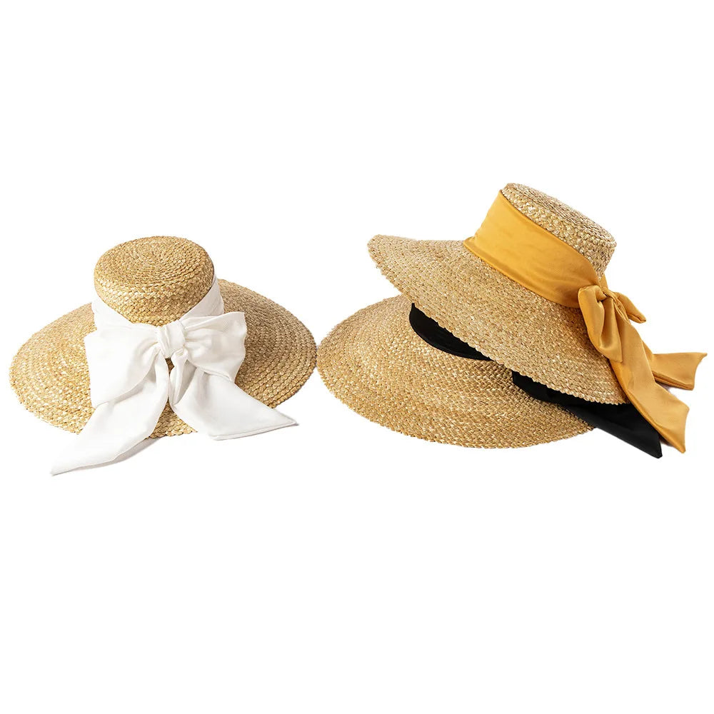 High-quality hand-knitted petal Wheat Straw flat top large eaves basin hat women's fashion big bow beach sun shade straw hat