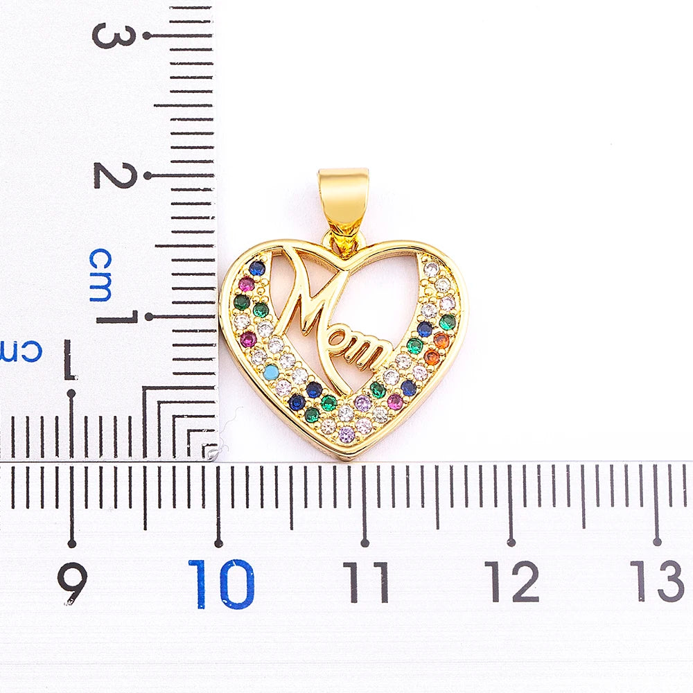 Classic Heart Shape Inlaid Mom Letter Rainbow Crystal Zircon Pendant Gold Plated Necklace Women Elegant Jewelry Exquisite Gift