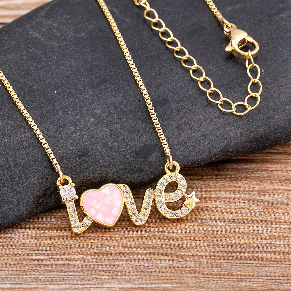 Nidin Romantic Love Letter Inlaid Pink Heart-Shaped Shell Shiny Zircon Pendant Necklace Women Charm Jewelry Wedding Fine Gift