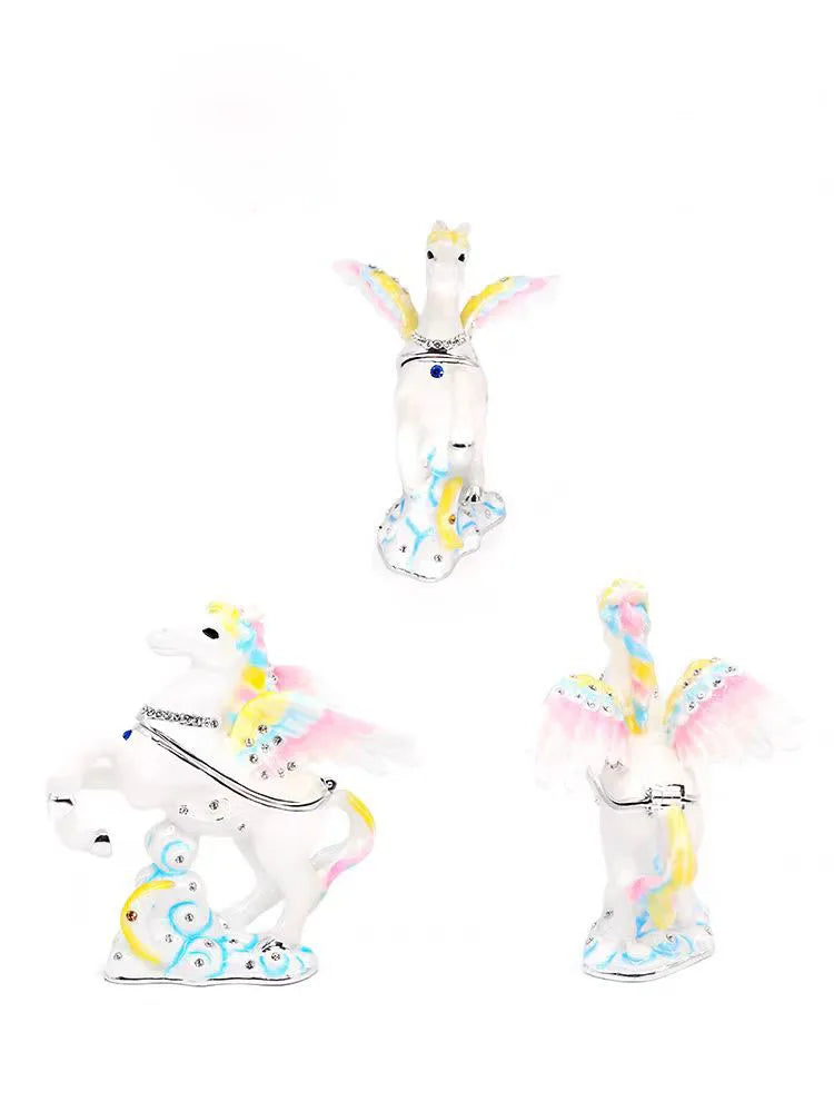 Hand Painted Enameled Jeweled Angel Horse Unicorn Figurines Trinket Box Ring Holder Hinged Jewelry Collectible Craft