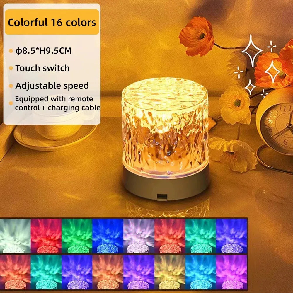 LED Water Ripple Ambiance Night Light USB Rotating Projection Crystal Table Lamp RGB Dimmable for Bedroom Bedside Game Room Gift