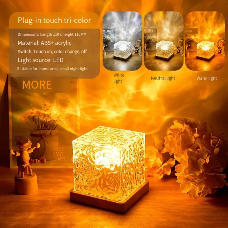 3 Colors Dynamic Rotating Water Ripple Night Light Plug in/Charge Flame Crystal Lamp Living Room Study Bedroom Rotating Light