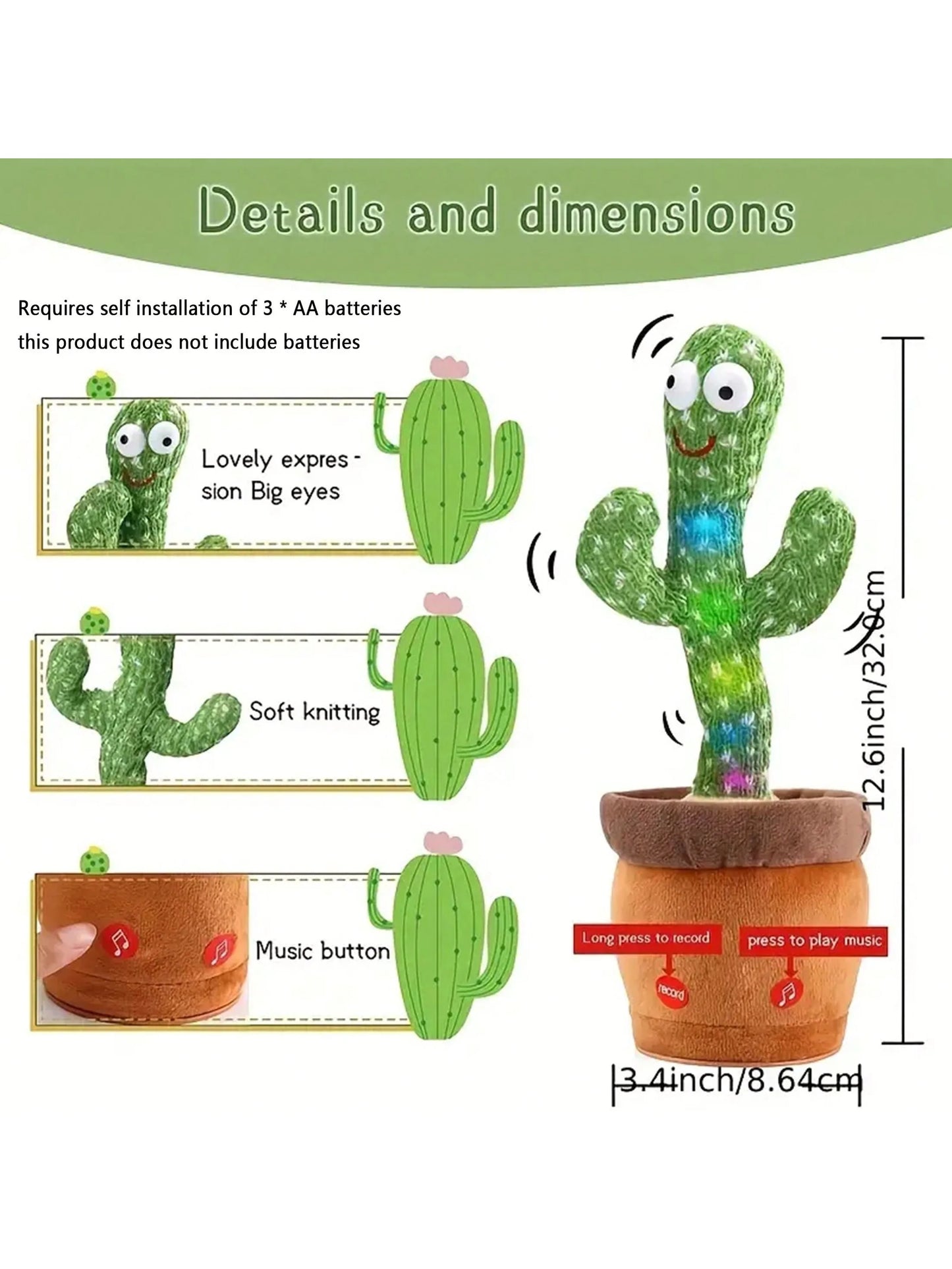 1pc-Danse Jouets De Cactus Parlants Pour Bébés Garçons Et Filles, Chant Mimant L’enregistrement Répéter Ce Que Vous Dites Sunny Cactus Plus