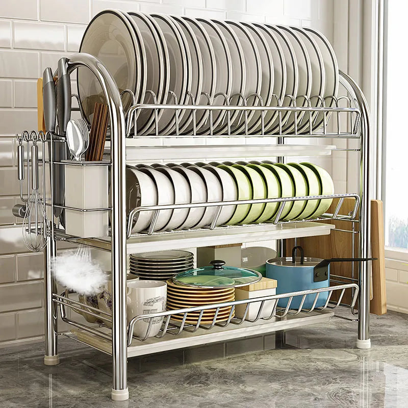 3-Tier Dish Drying Rack Kitchen Storage Shelf with Drain Board Countertop Dinnerware Organizer Kitchen Organizer Drainer