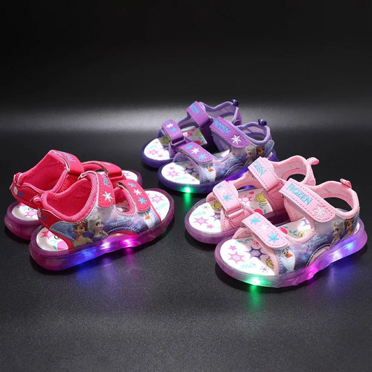 Disney Summer Children's Sandals Frozen Priness Elsa Anna Children's Sandals LED Light Beach Pink Purple Shoes Size 21-31