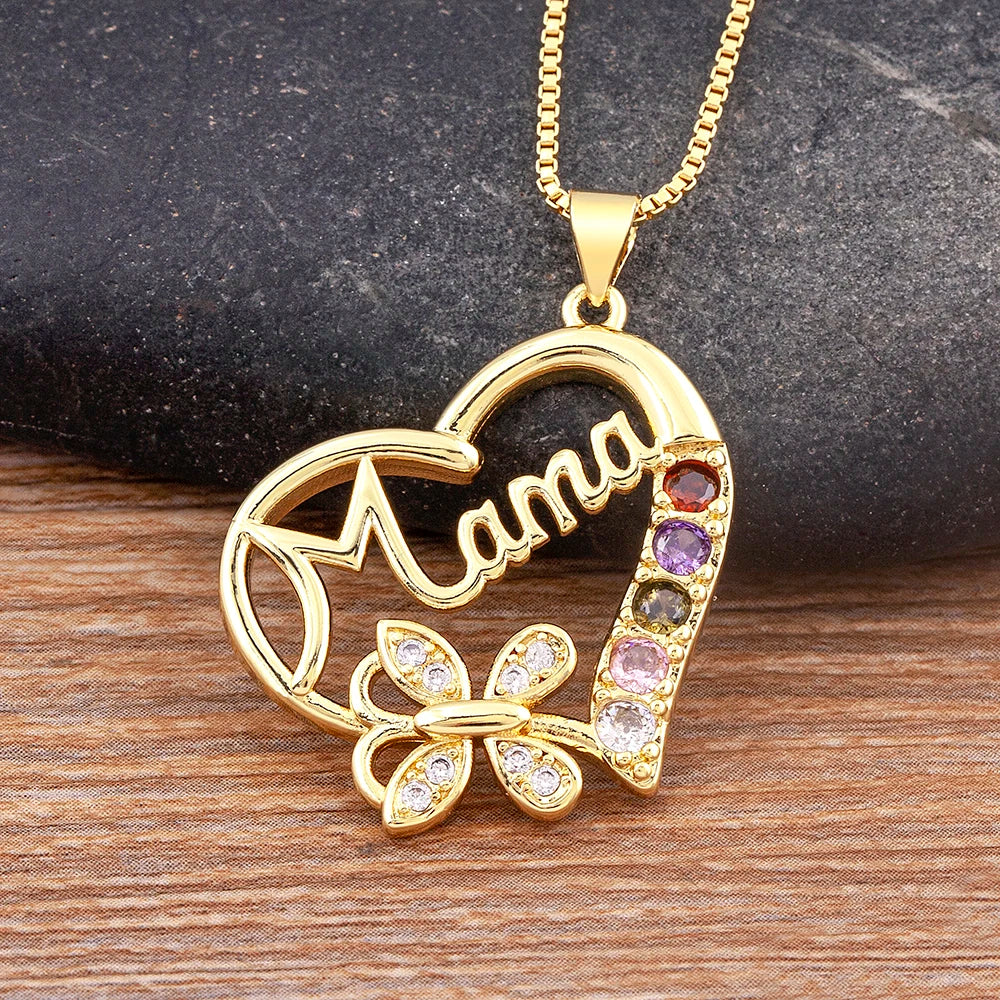 Classic Heart Shape Inlaid Mom Letter Rainbow Crystal Zircon Pendant Gold Plated Necklace Women Elegant Jewelry Exquisite Gift