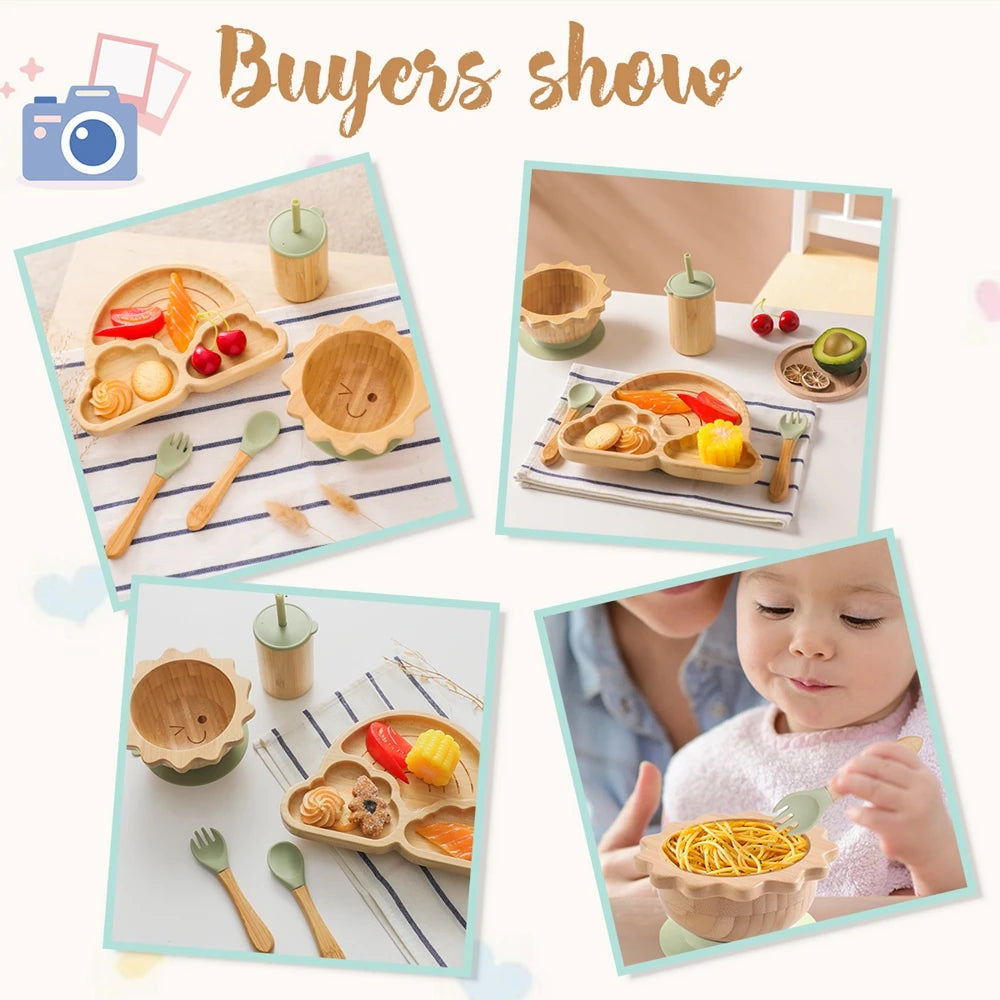 Baby Bamboo Dinnerware With Silicone Suction Cups Kid Feeding Tableware Set Bowl Plate Fork Spoon Cup Baby Feeding Supplies Gift