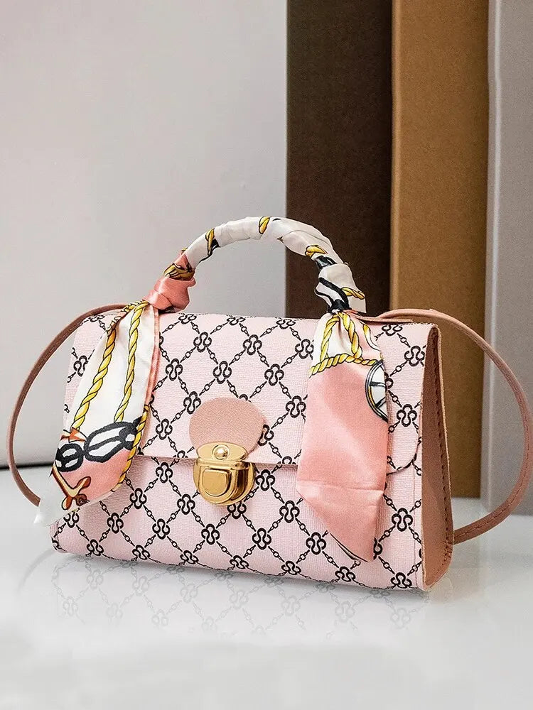 Tote with Scarf Bag Summer PU Leather Printing Shoulder Crossbody Cell Phone Square Bag for Women