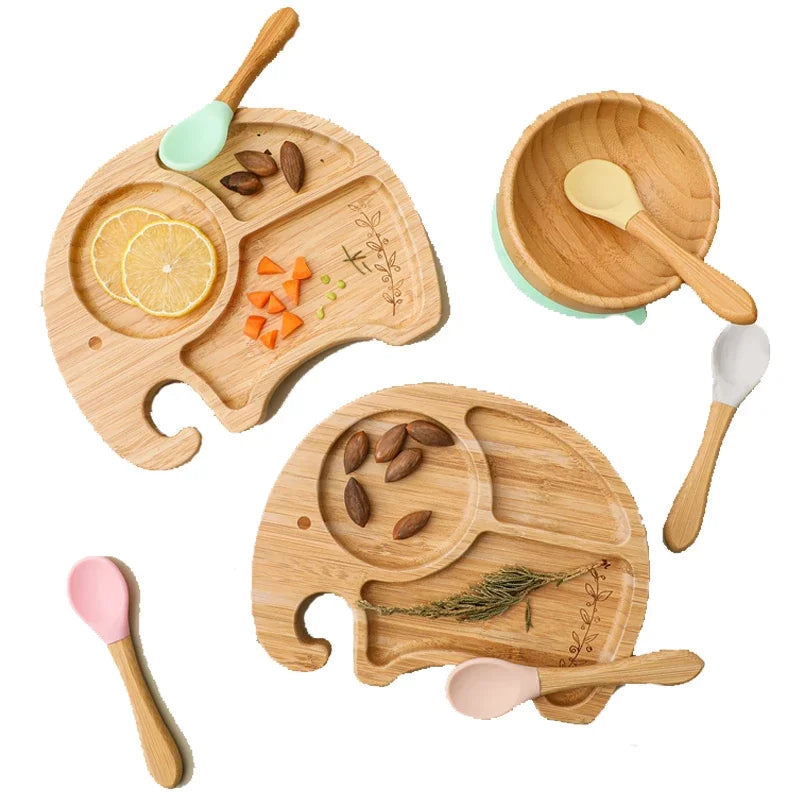 1 ensemble d'assiette en bois de bamboo pour bébés, enfants