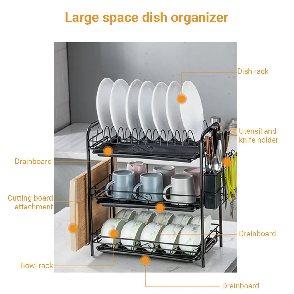 3-Tier Dish Drying Rack Kitchen Storage Shelf with Drain Board Countertop Dinnerware Organizer Kitchen Organizer Drainer